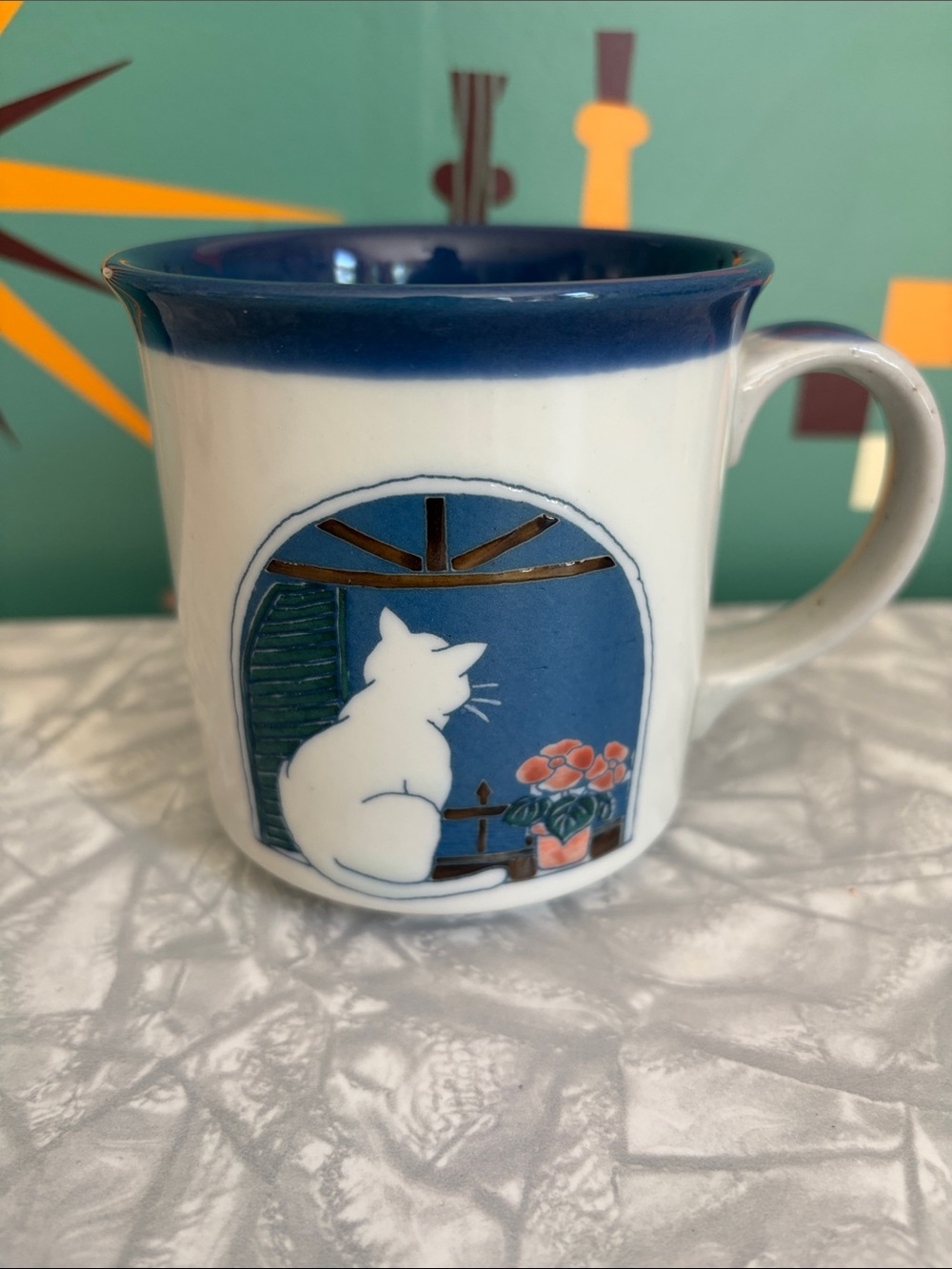 Otagiri Ceramic Coffee Mug Embossed White Cat In Window 10oz Vintage 1980's Cup